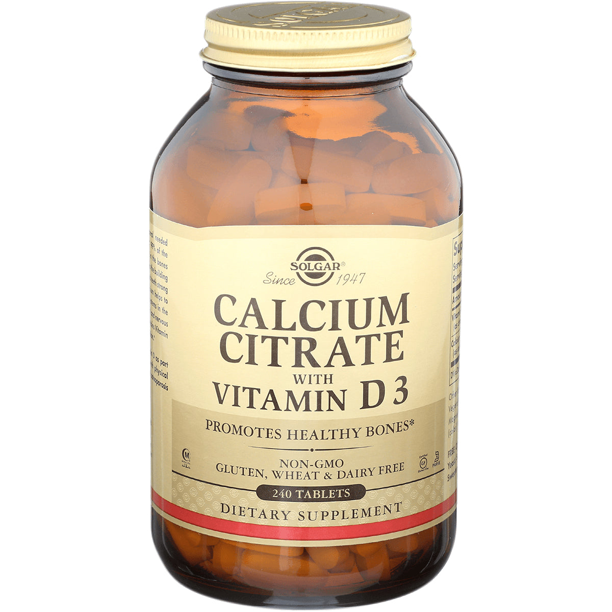 SLG215 | Solgar Calcium Citrate with Vitamin D3 amber glass bottle labeled 240 tablets dietary supplement