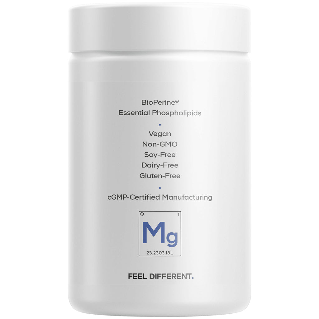 CDG011 | Back label of white supplement jar listing BioPerine, essential phospholipids, vegan, non-GMO, soy-free, dairy-free, gluten-free, cGMP - Thumbnail