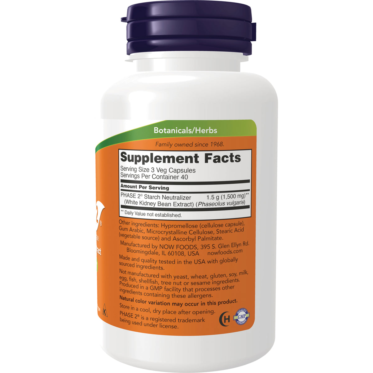 NWF1156 | Back of white supplement bottle showing Supplement Facts panel, ingredient list and Botanicals/Herbs label