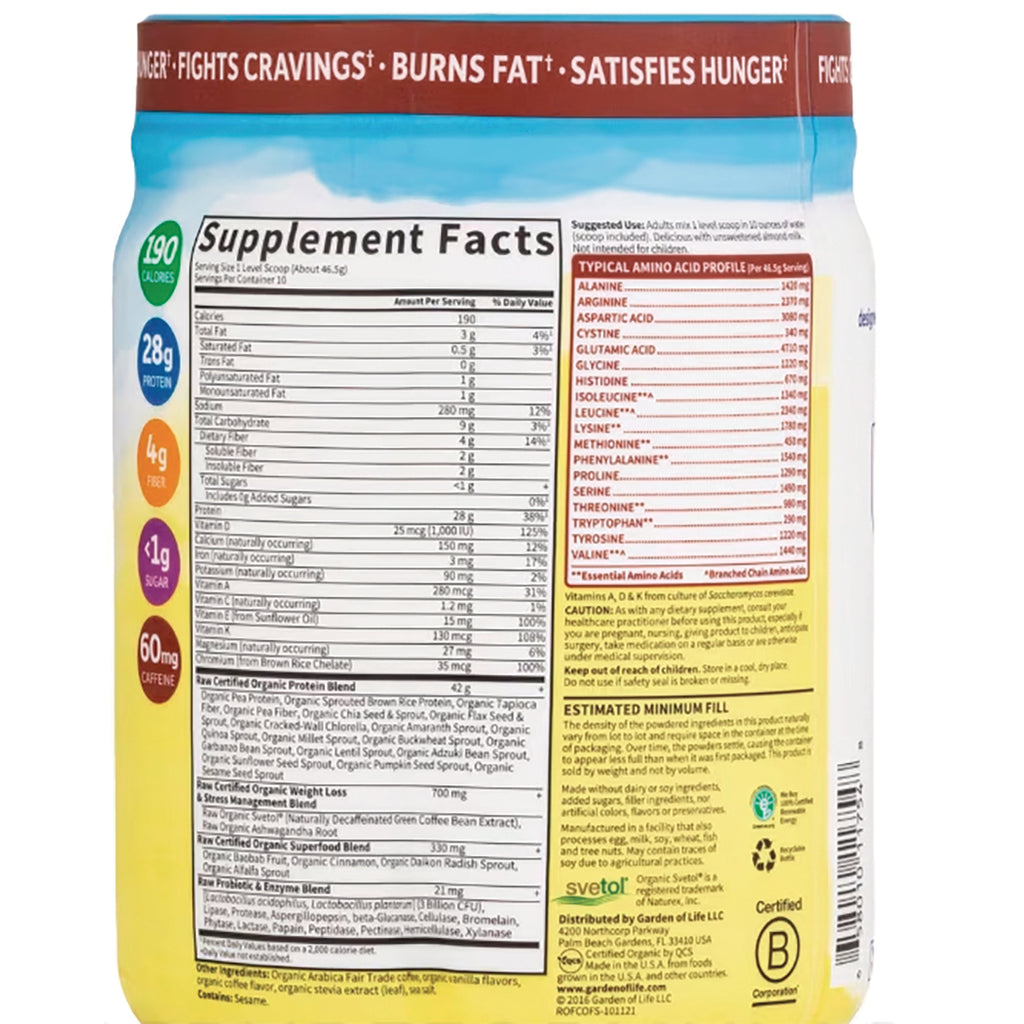Supplement Facts label and typical amino acid profile on the back of a yellow and blue protein powder container - Thumbnail