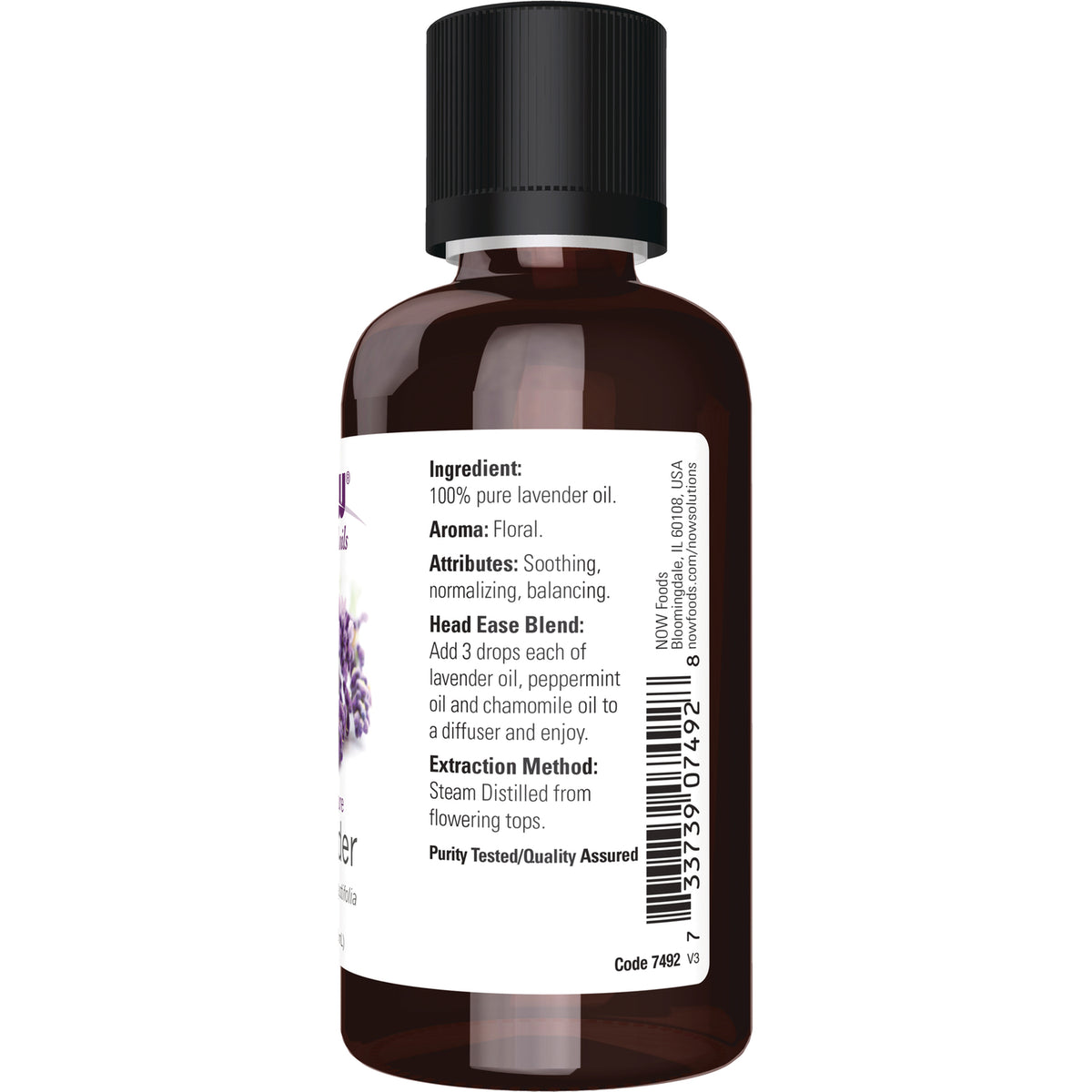 NWF247 | back label of amber essential oil bottle showing ingredients, Head Ease blend directions and barcode