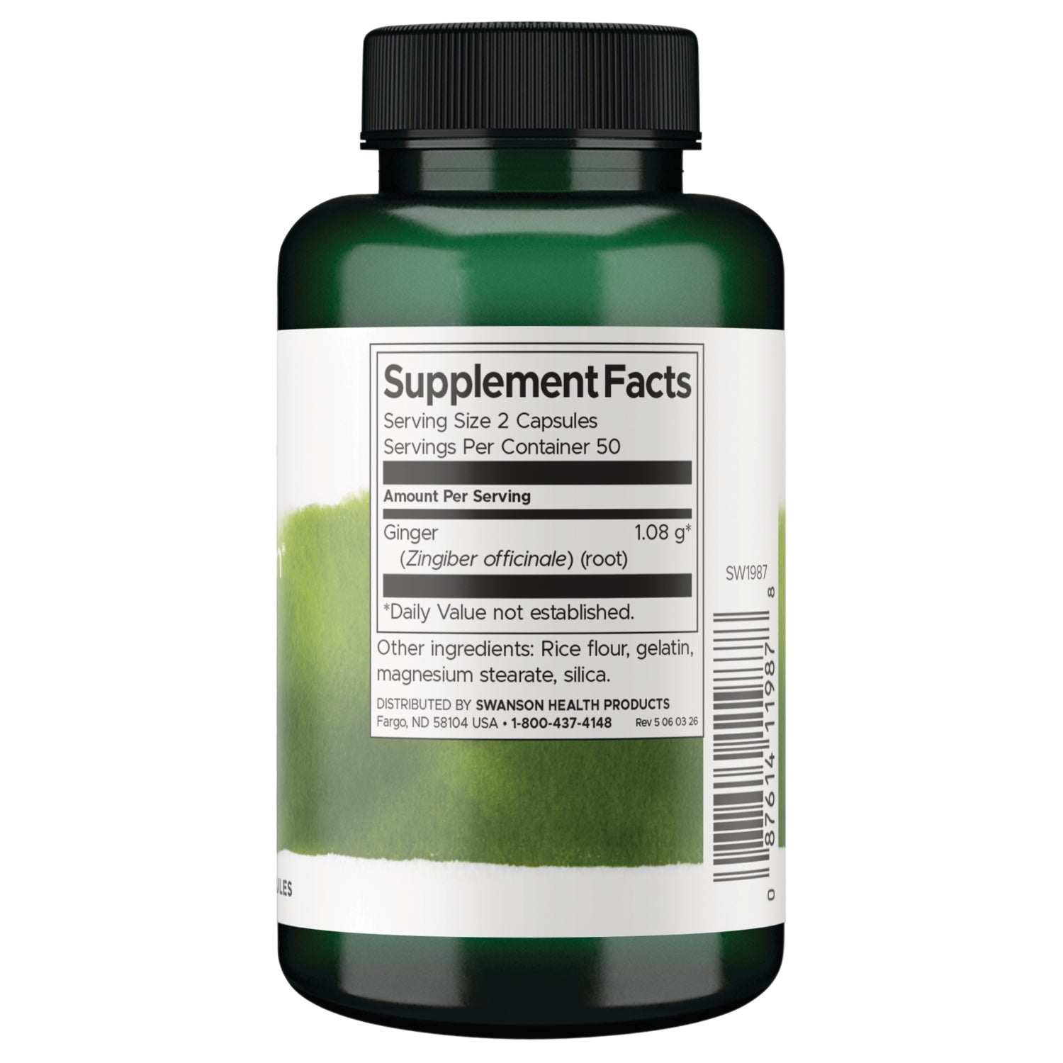 SW1987 | Supplement Facts panel for ginger capsules, showing serving size, ingredients, and barcode