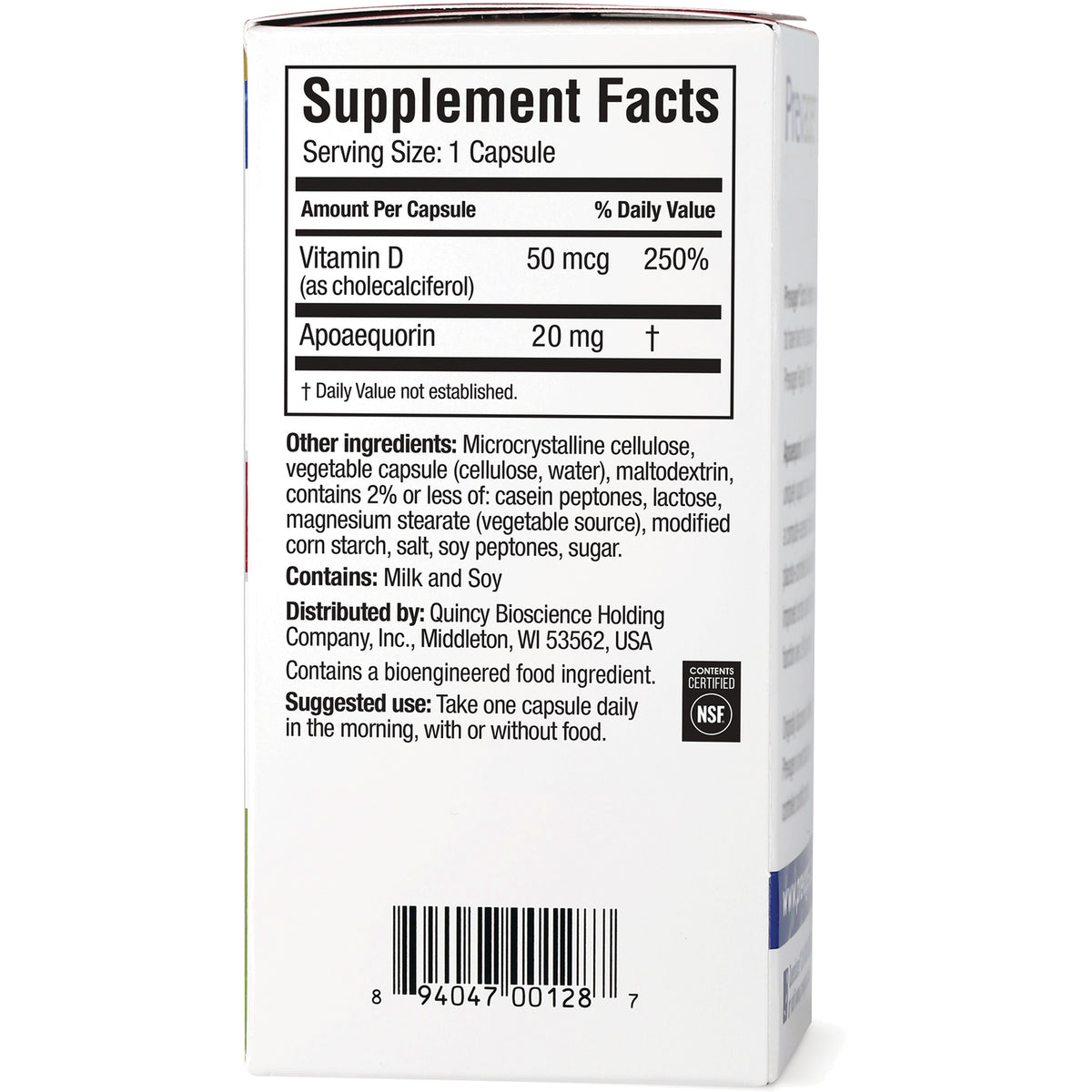 Supplement facts and ingredients panel on back of supplement box showing Vitamin D 50 mcg, Apoaequorin 20 mg, contains milk and soy