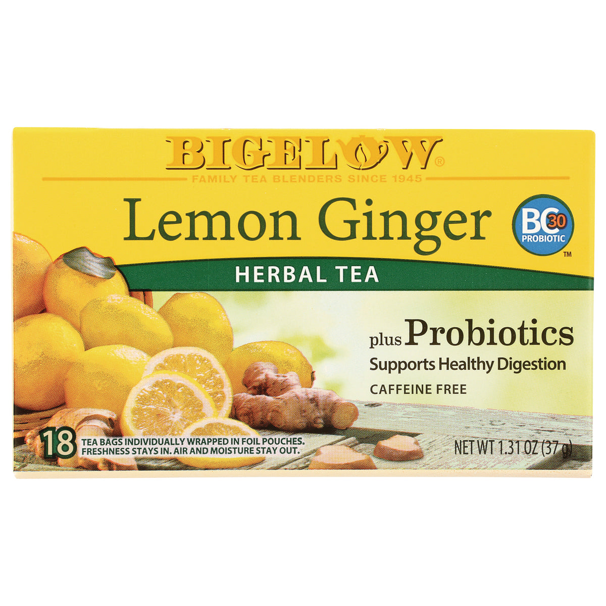 BGT008 | Lemon Ginger herbal tea box with lemons and ginger, 18 tea bags, caffeine free