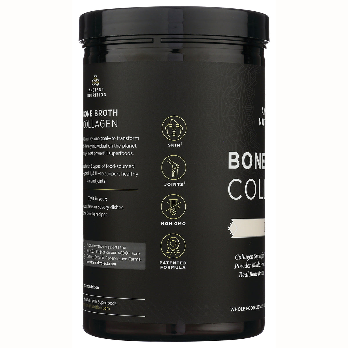 ATN014 | Black jar side label for Bone Broth Collagen showing icons for skin, joints, non GMO, patented formula