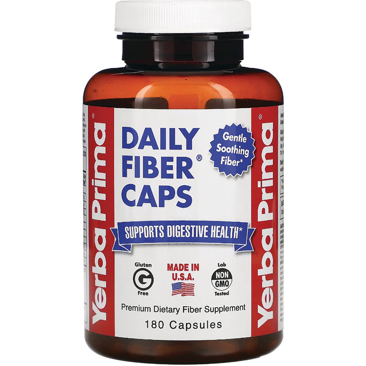 YP003 | Yerba Prima Daily Fiber Caps bottle, 180 capsules, Gluten Free, Made in U.S.A., Non GMO, Supports Digestive Health