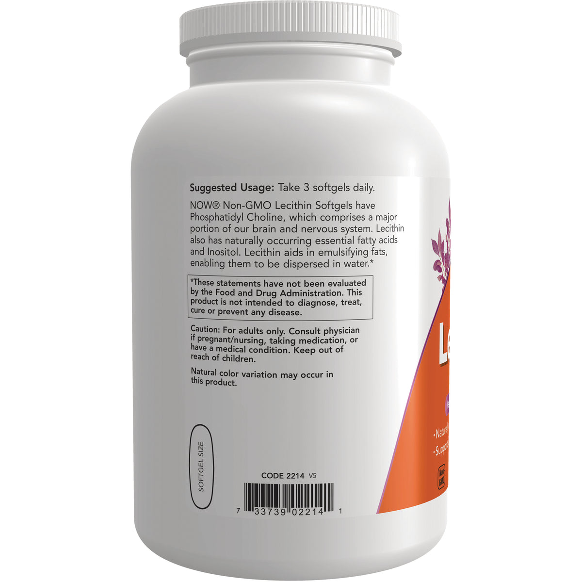 NWF892 | Back of white supplement bottle showing label text Suggested Usage: Take 3 softgels daily and caution text