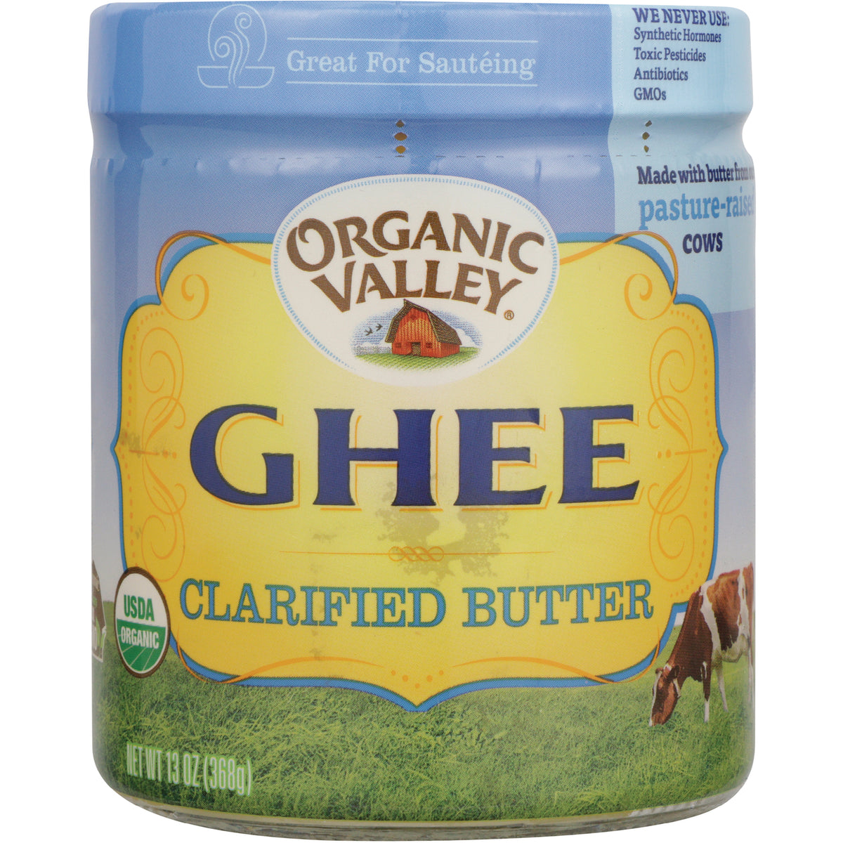 PUF001 | Organic Valley Ghee clarified butter jar label showing cows and USDA Organic seal