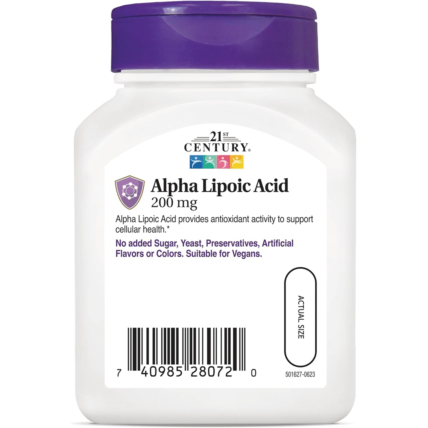 CNT286 | Alpha Lipoic Acid 200 mg supplement bottle label showing product name, benefits text, barcode and actual size capsule outline