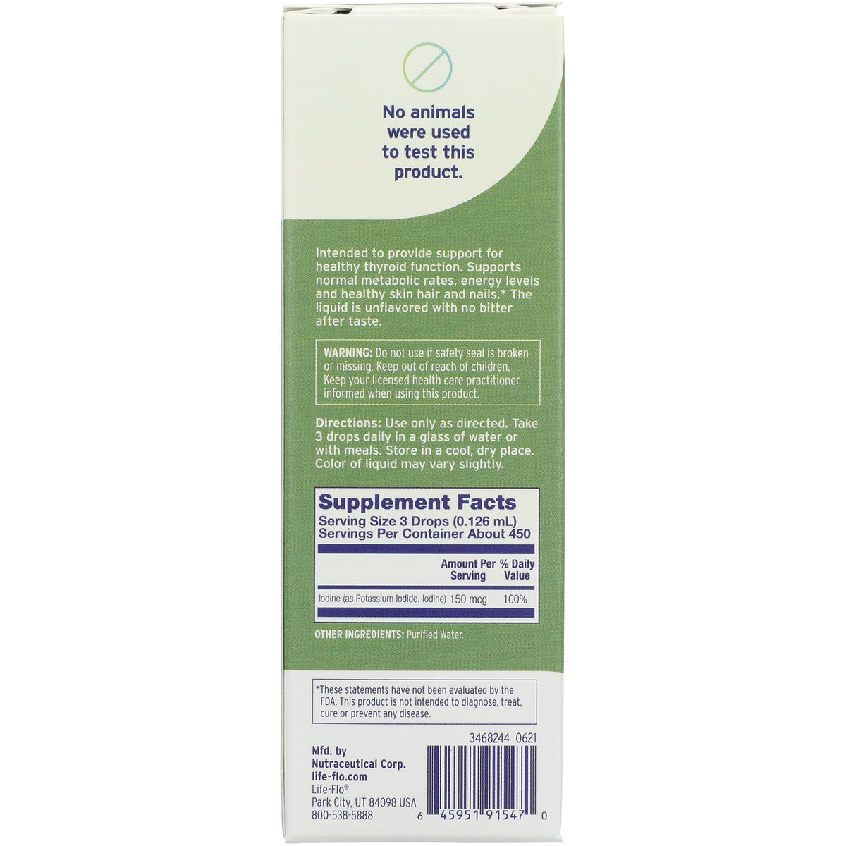LFH023 | Back of green and white supplement box showing supplement facts panel, directions, warning, and barcode
