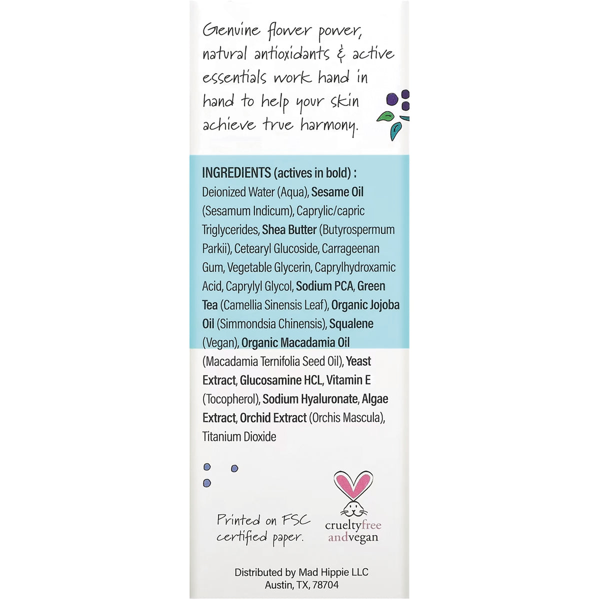 HIP001 | back panel with ingredients list including Shea Butter, Sodium PCA, Organic Jojoba Oil and cruelty free vegan logo