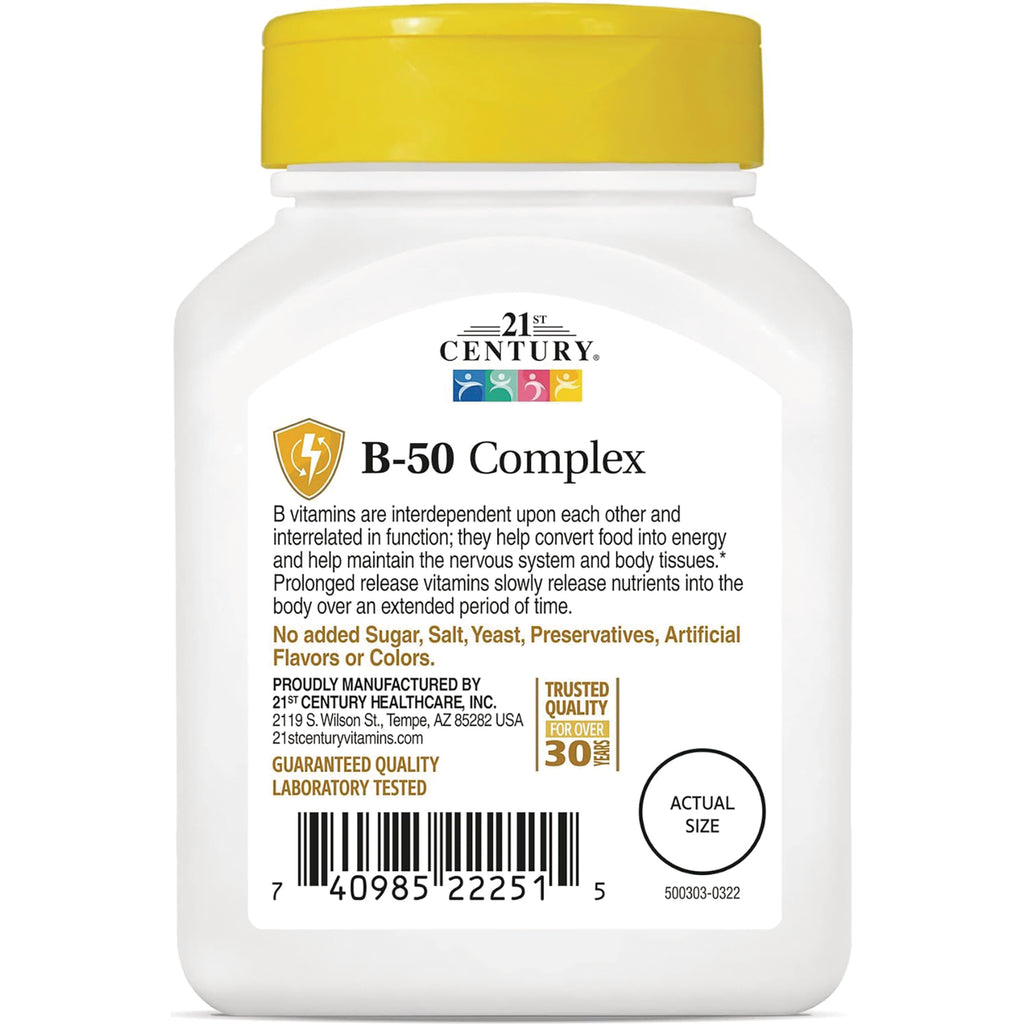 CNT169 | 21st Century B-50 Complex bottle label with product benefits text, no added sugar claim, barcode and actual size circle - Thumbnail