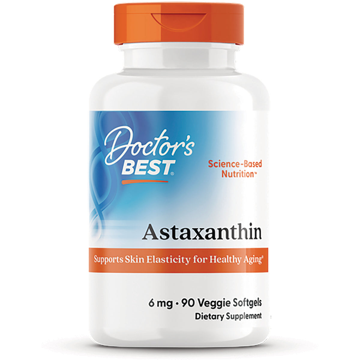 DB230 | Doctor's Best Astaxanthin white bottle front label reads Astaxanthin, supports skin elasticity, 6 mg 90 Veggie Softgels