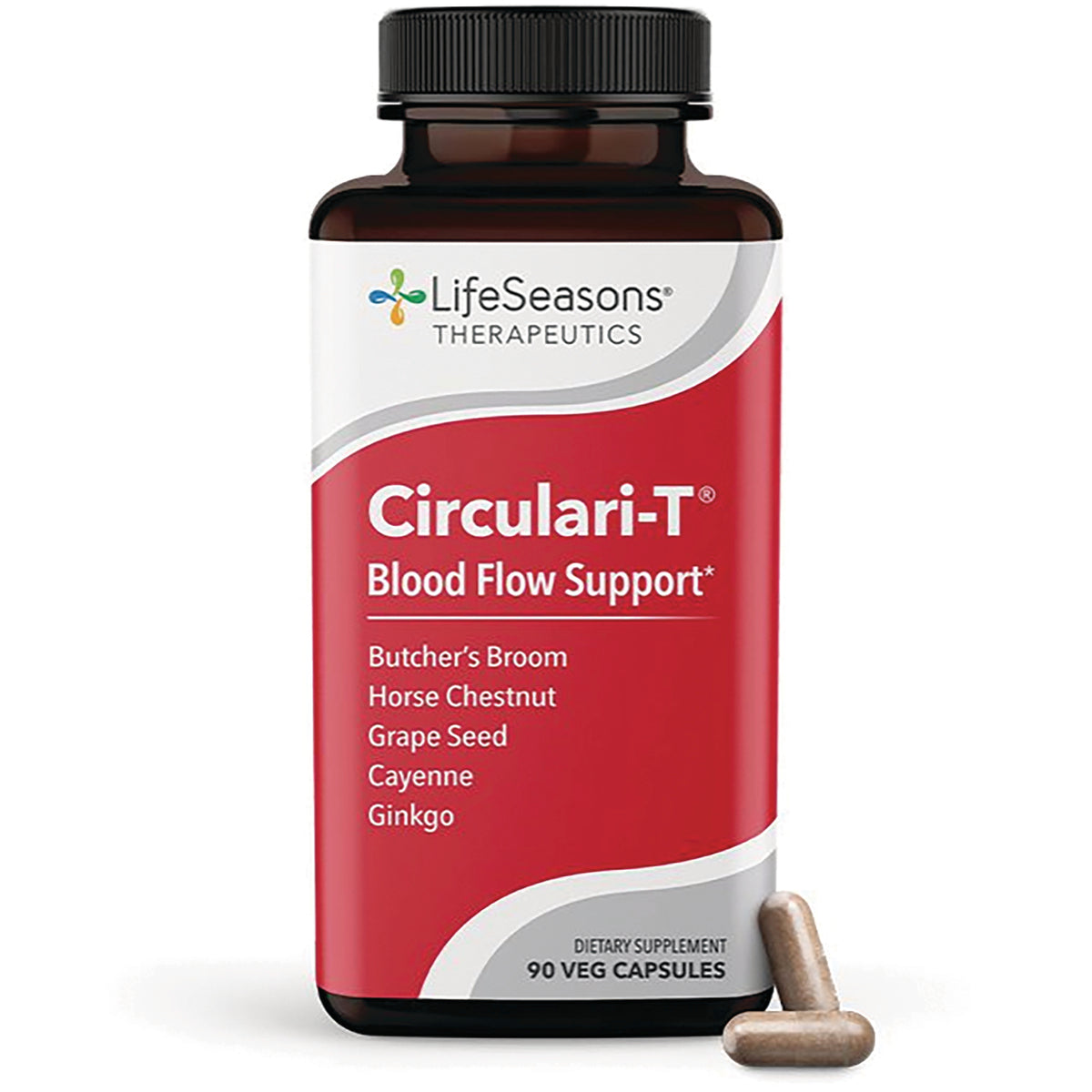 LSS002 | LifeSeasons Circulari-T Blood Flow Support bottle front labeled 90 veg capsules with two capsules