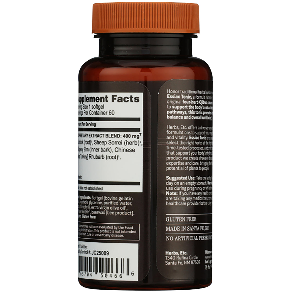 HE107 | back label of amber supplement bottle showing supplement facts, suggested use, caution, and GLUTEN FREE text