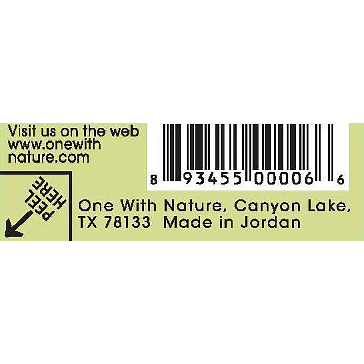 OWN007 | Back label with barcode, website, and One With Nature, Canyon Lake, TX 78133 Made in Jordan