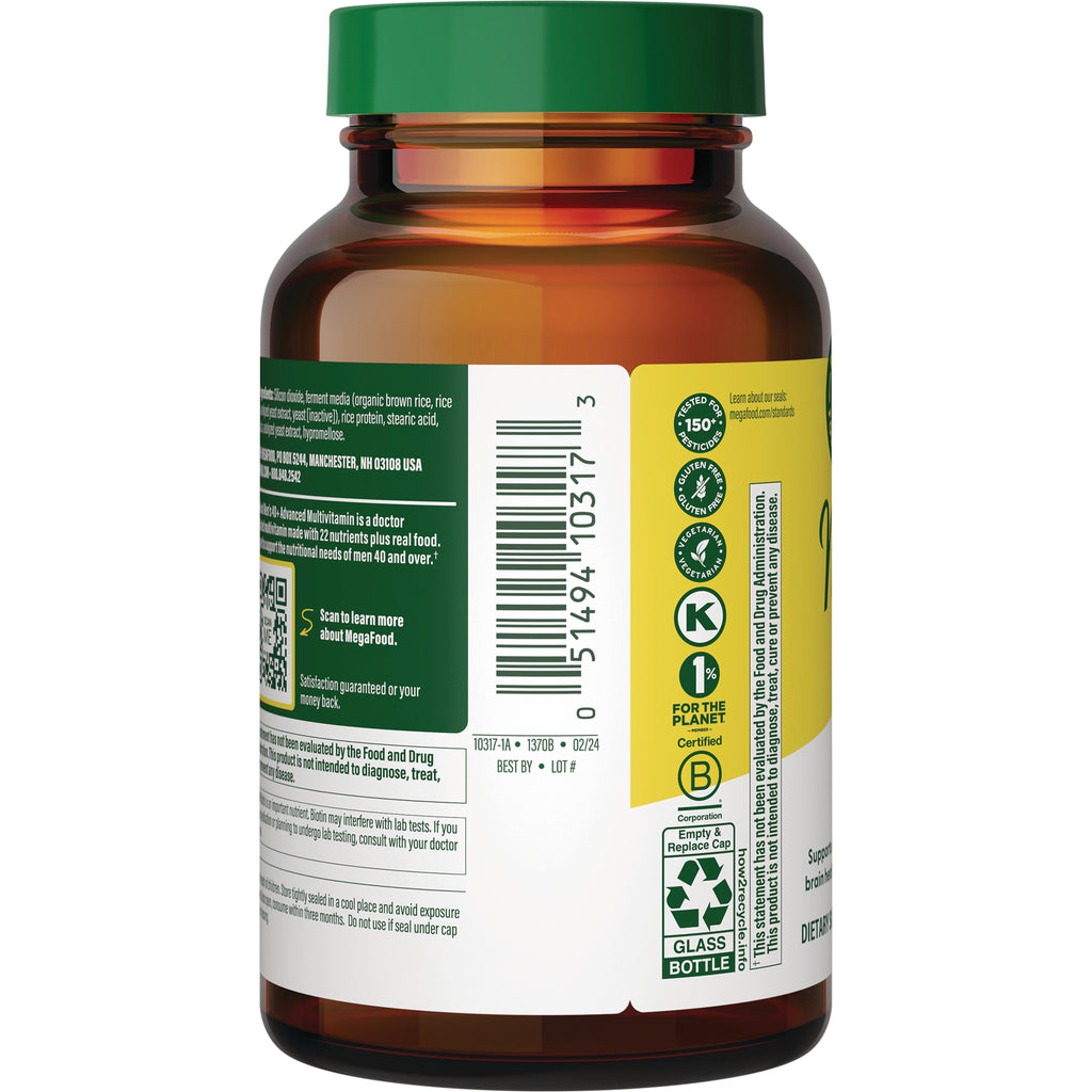 MGF067 | Back of amber supplement bottle showing barcode, ingredient panel, certification icons and glass bottle recycling symbol - Thumbnail