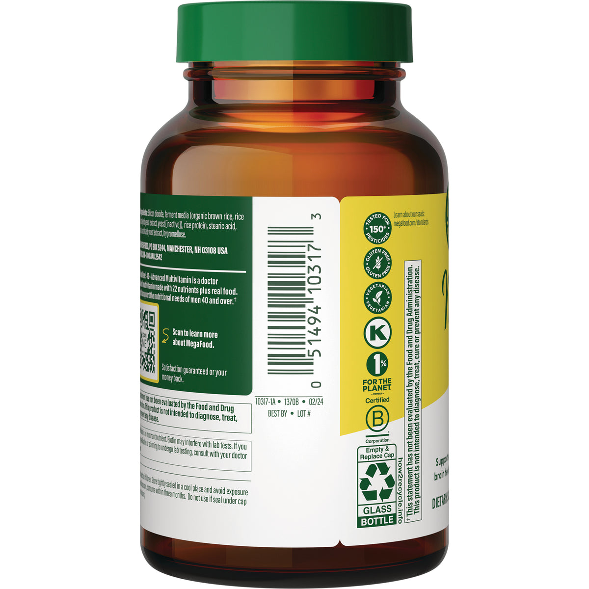 MGF067 | Back of amber supplement bottle showing barcode, ingredient panel, certification icons and glass bottle recycling symbol