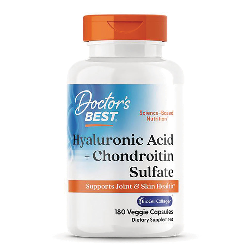 DB136 | Doctor's Best Hyaluronic Acid + Chondroitin Sulfate white bottle with orange cap, 180 veggie capsules - Thumbnail