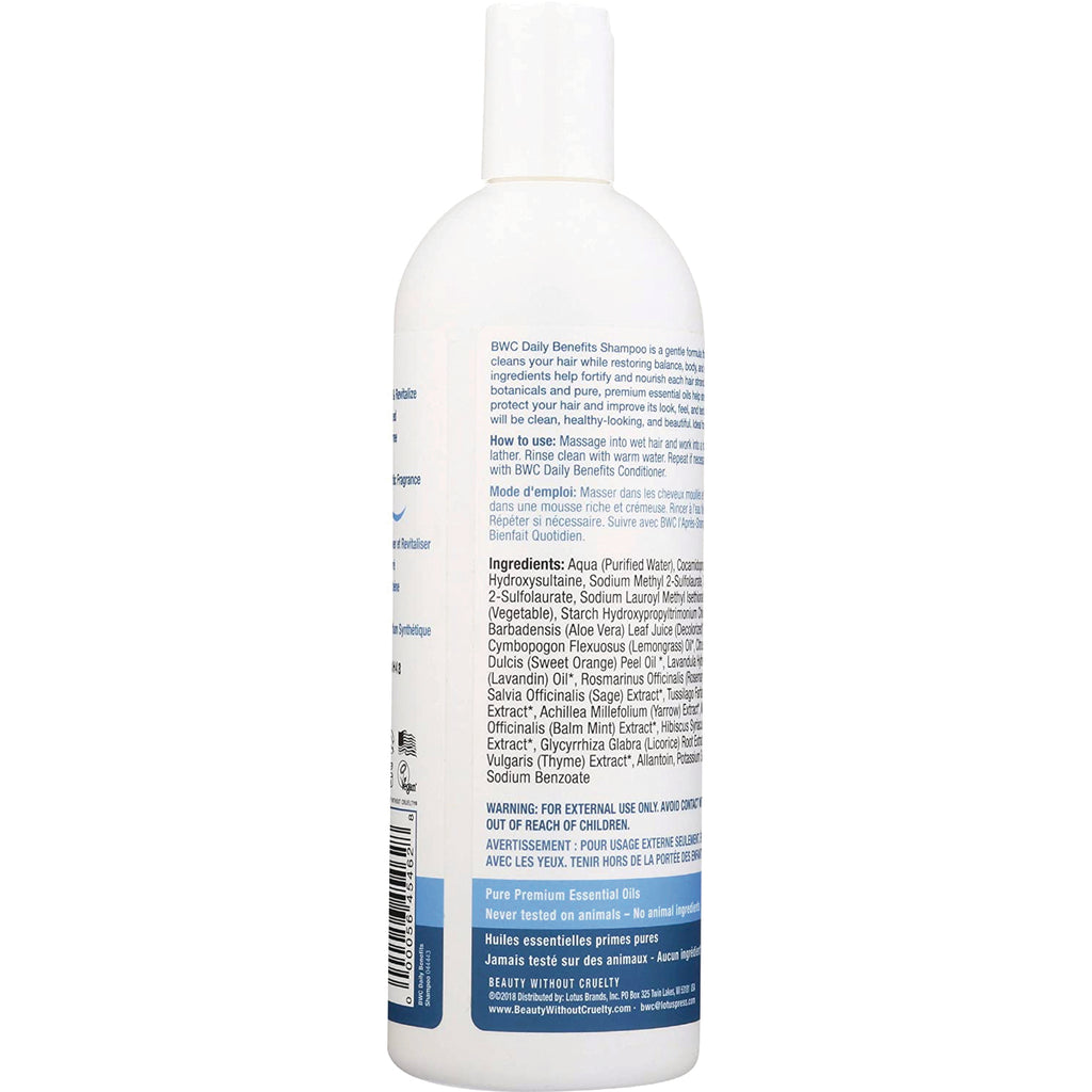 BWC090 | Back of white shampoo bottle showing ingredients, directions, warnings and a barcode - Thumbnail