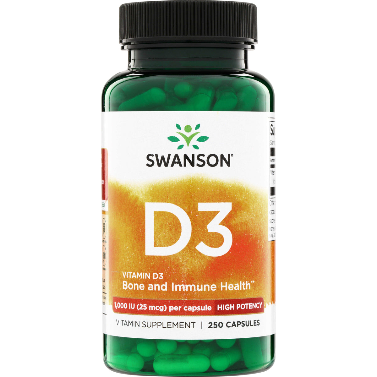 SW1030 | Swanson Vitamin D3, 1,000 IU (25 mcg) per capsule, High Potency, 250 capsules