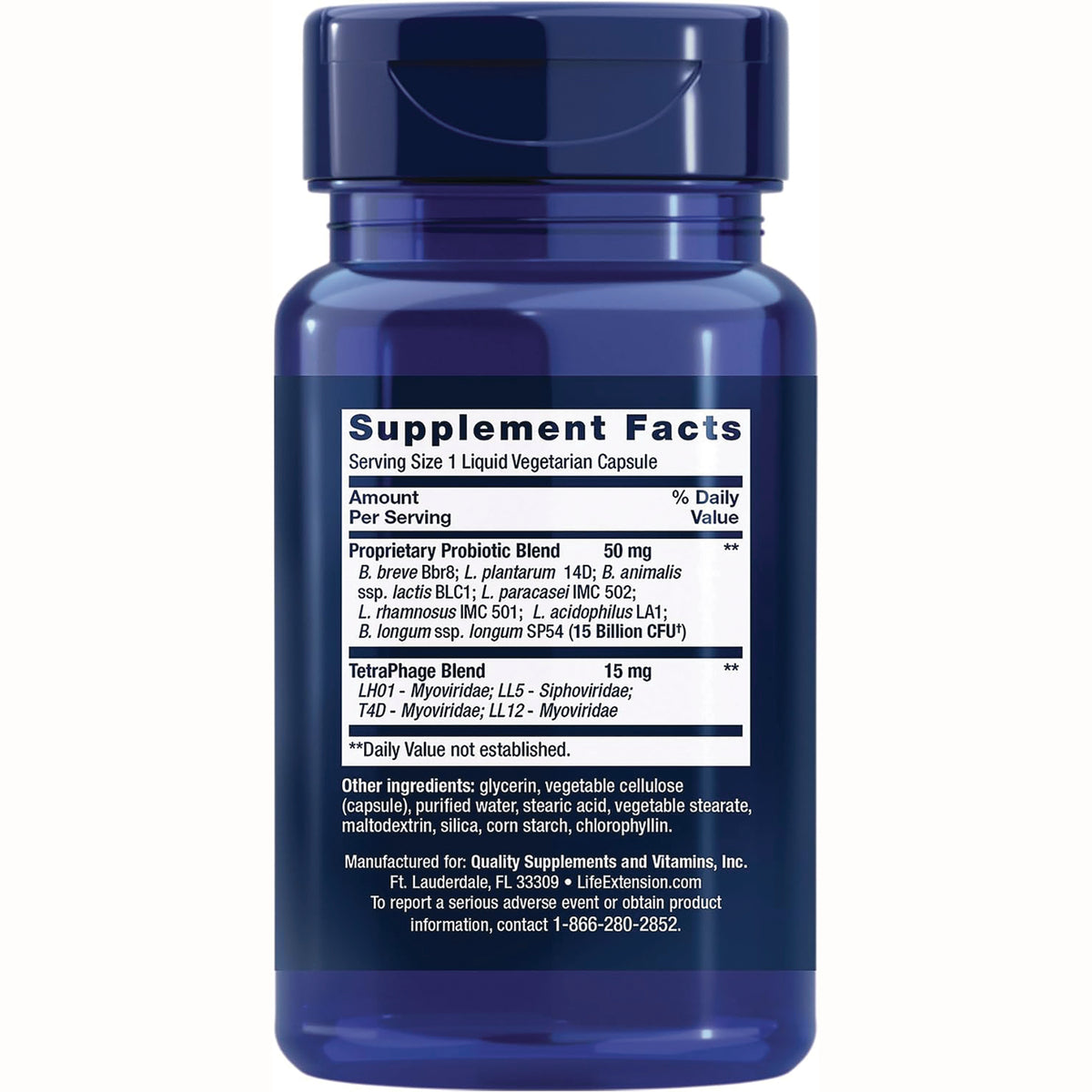 LE454 | Back label showing Supplement Facts panel, ingredients and manufacturer contact on blue bottle