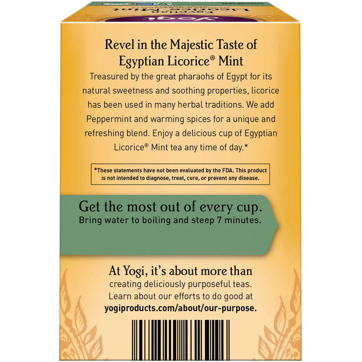AHW008 | Yogi Egyptian Licorice Mint tea box back with steeping directions and product description
