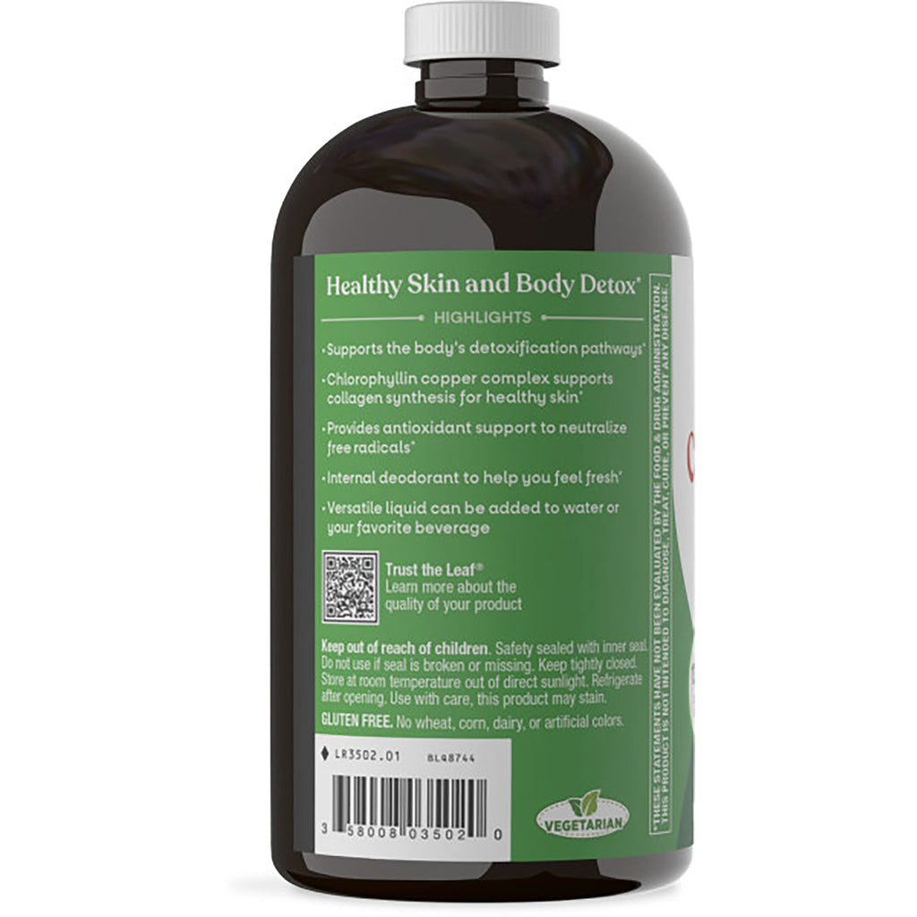 NW814 | Back of dark plastic bottle showing green product label with detox claims, usage text, barcode and vegetarian seal - Thumbnail
