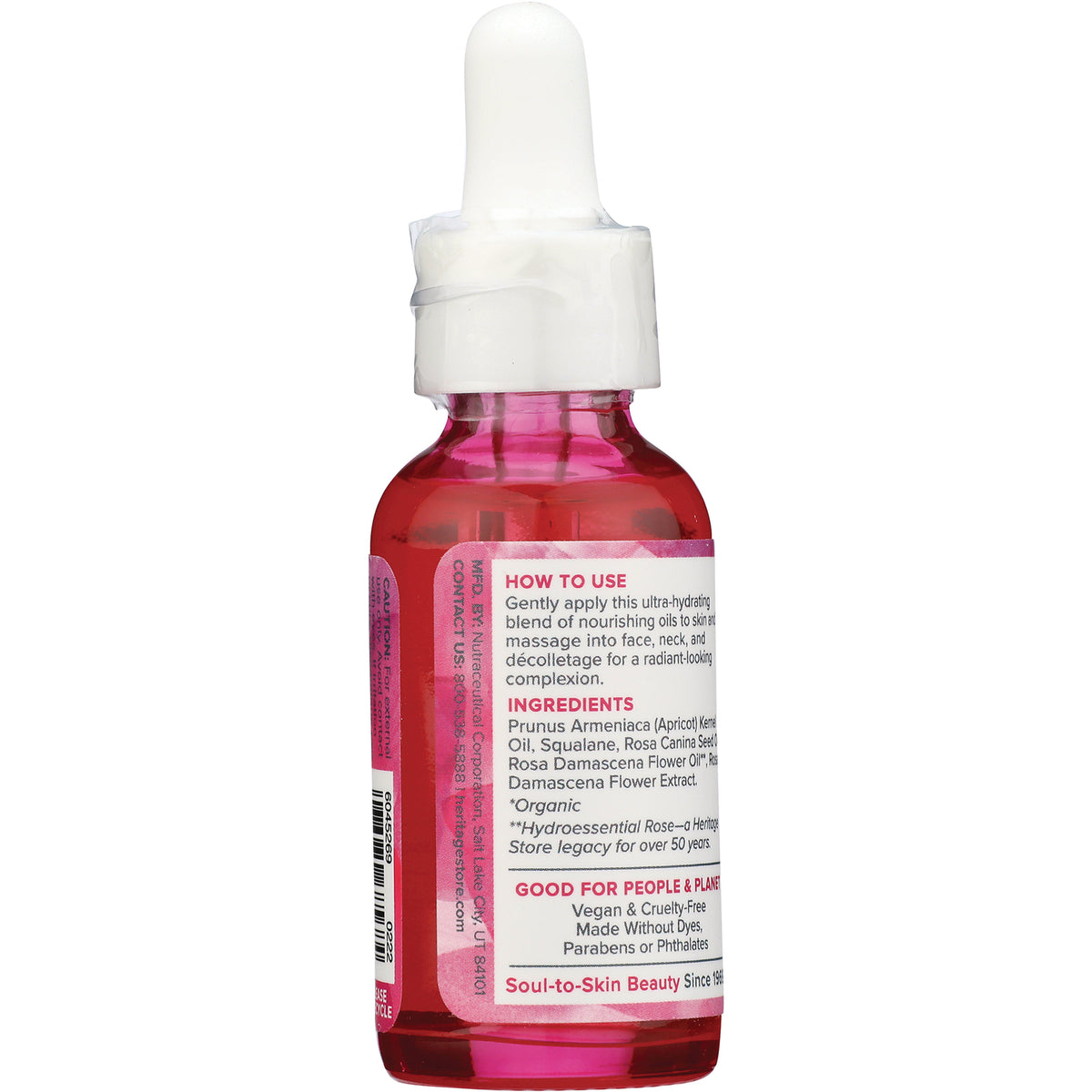 HTG120 | back label of pink glass dropper bottle showing how to use instructions, ingredients and barcode