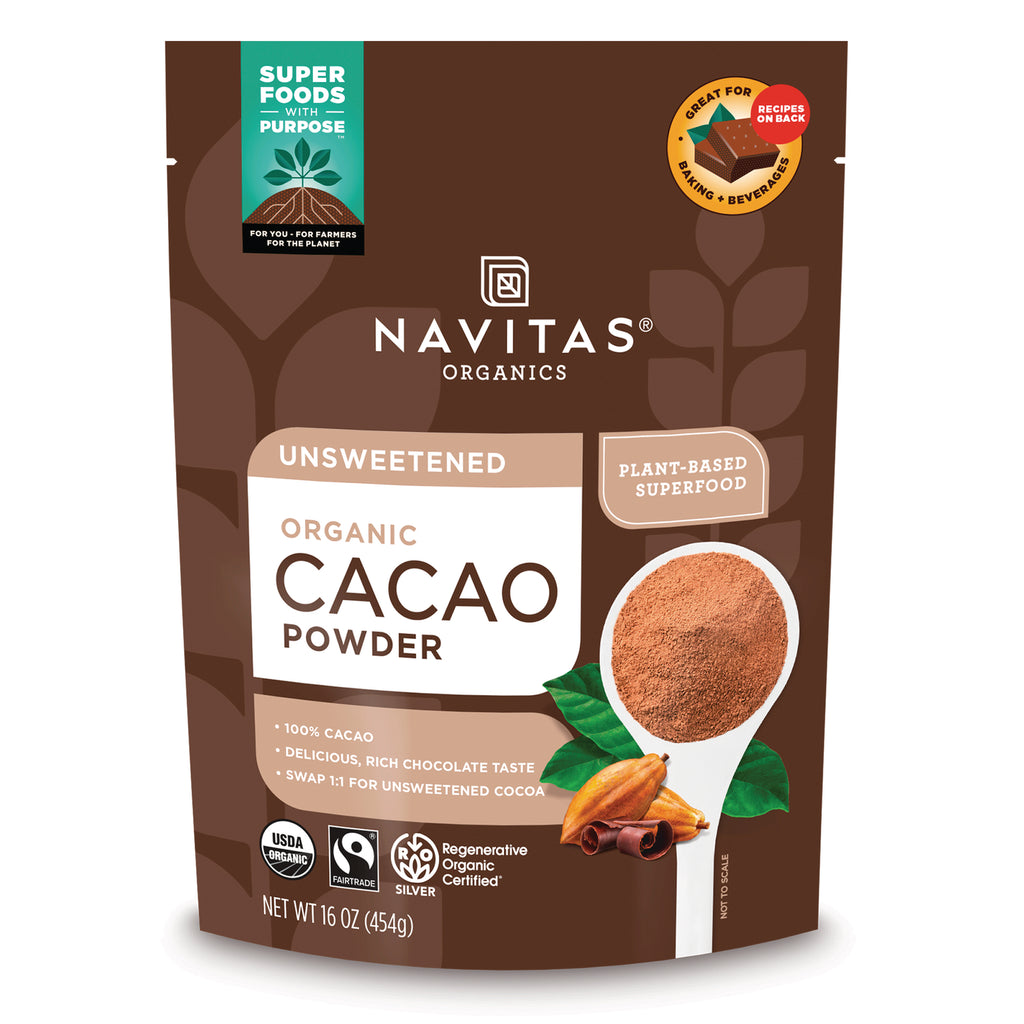 NAV001 | Navitas Organics unsweetened organic cacao powder pouch with spoonful of cacao powder, 16 oz - Thumbnail