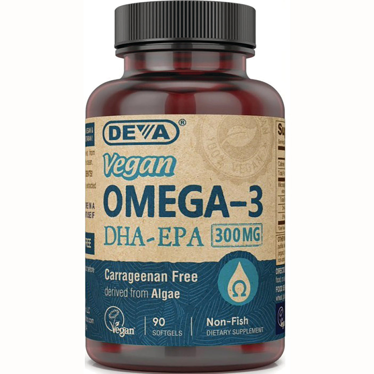 DEV040 | Brown supplement bottle labeled DEVA Vegan OMEGA-3 DHA-EPA 300MG, carrageenan free, 90 softgels
