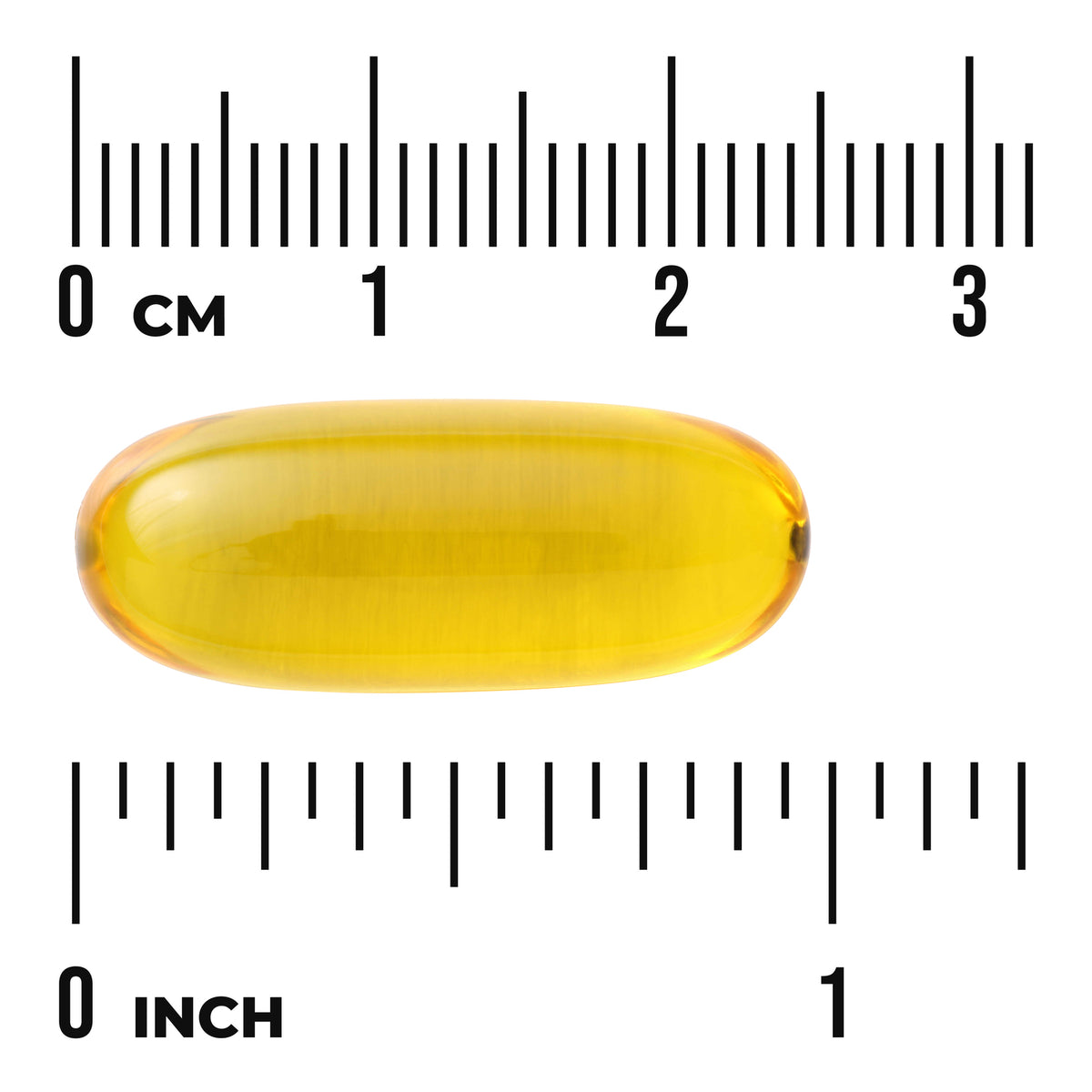 SWE002 | Yellow softgel capsule with size rulers in cm and inches, labels '0 CM' and '0 INCH'