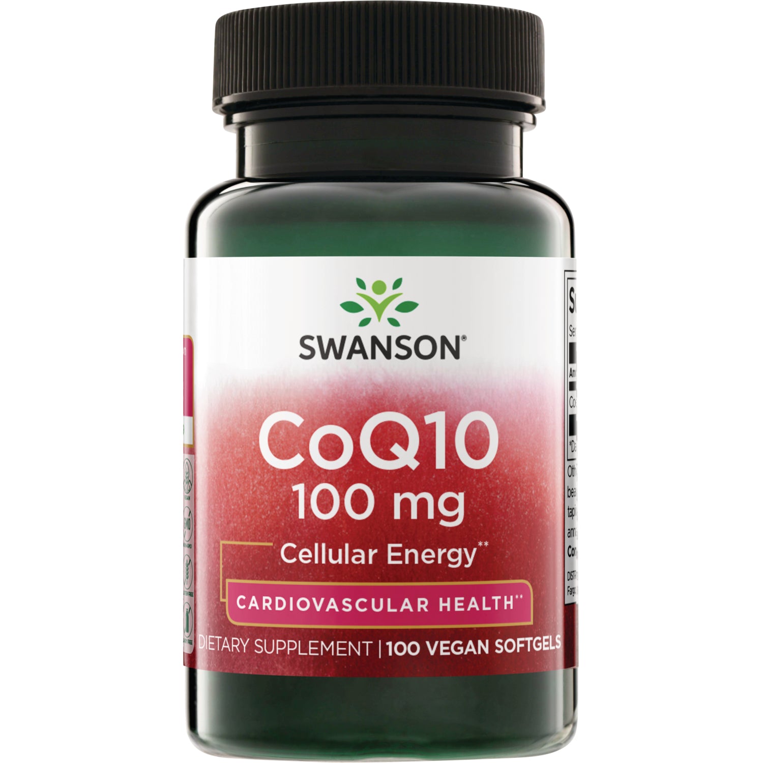 SWU561 | Swanson CoQ10 supplement bottle, Cardiovascular Health, 100 mg per softgel, Higher Strength, 100 vegan softgels