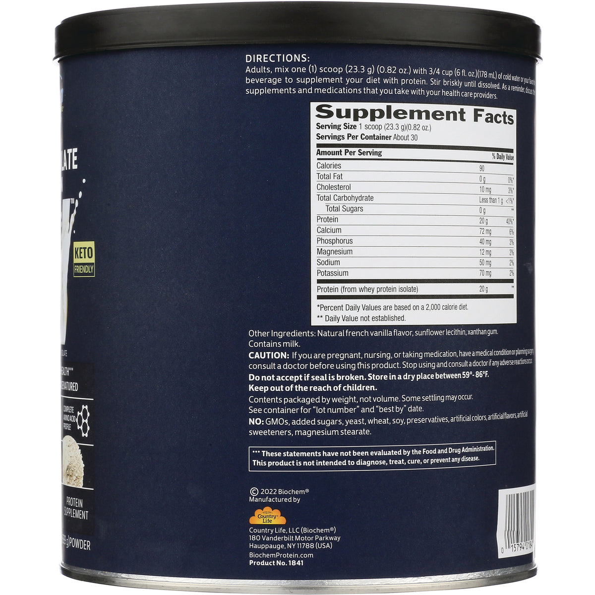 CRL164 | back of navy supplement tub showing Supplement Facts panel, directions and caution text