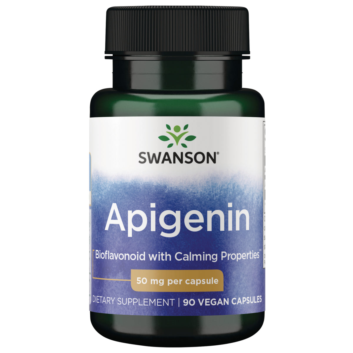 SWU375 | Swanson Apigenin supplement bottle, 50 mg per capsule, 90 capsules, green capsules visible