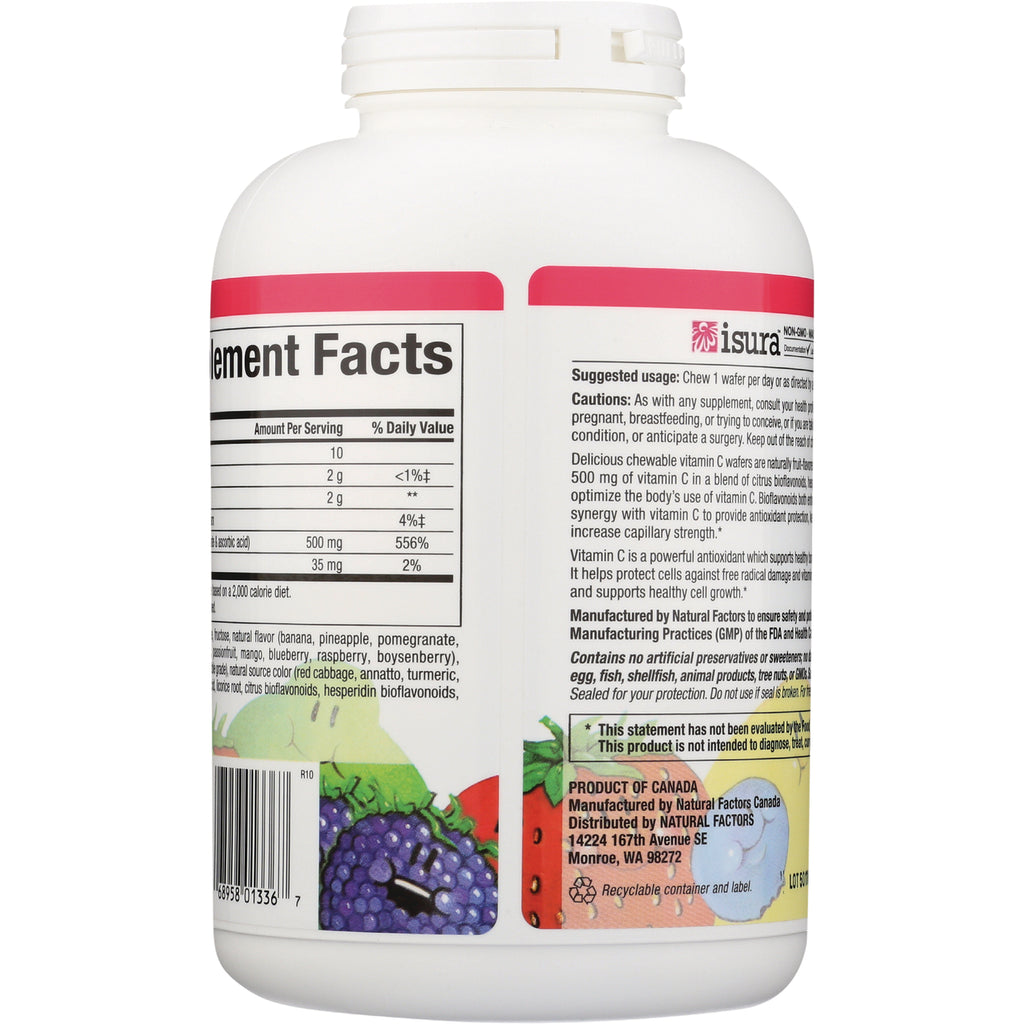 NFC092 | Back of white supplement bottle showing supplement facts panel, cautions, barcode and fruit illustrations - Thumbnail