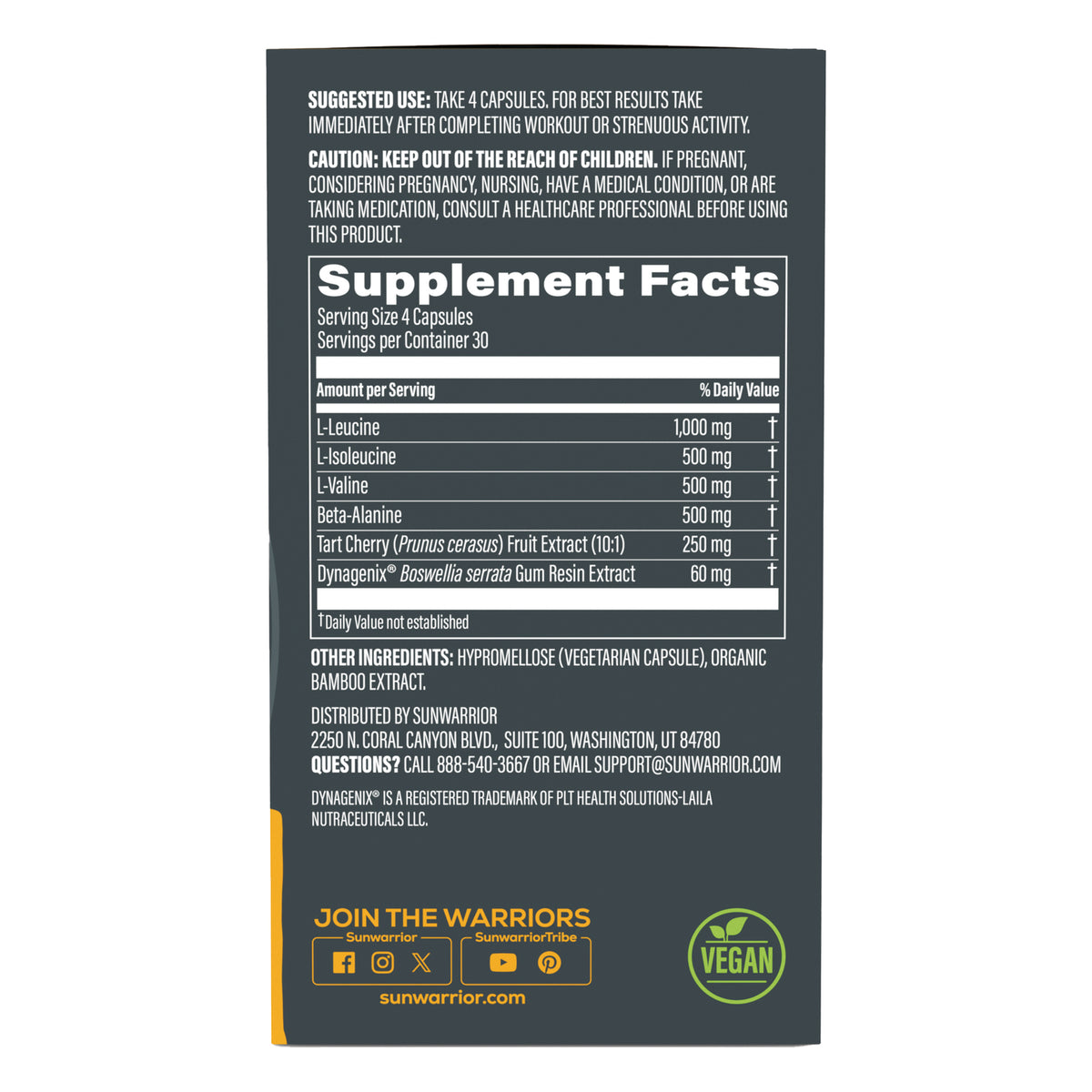 SNW053 | Back label with Supplement Facts, suggested use, other ingredients, and Vegan icon
