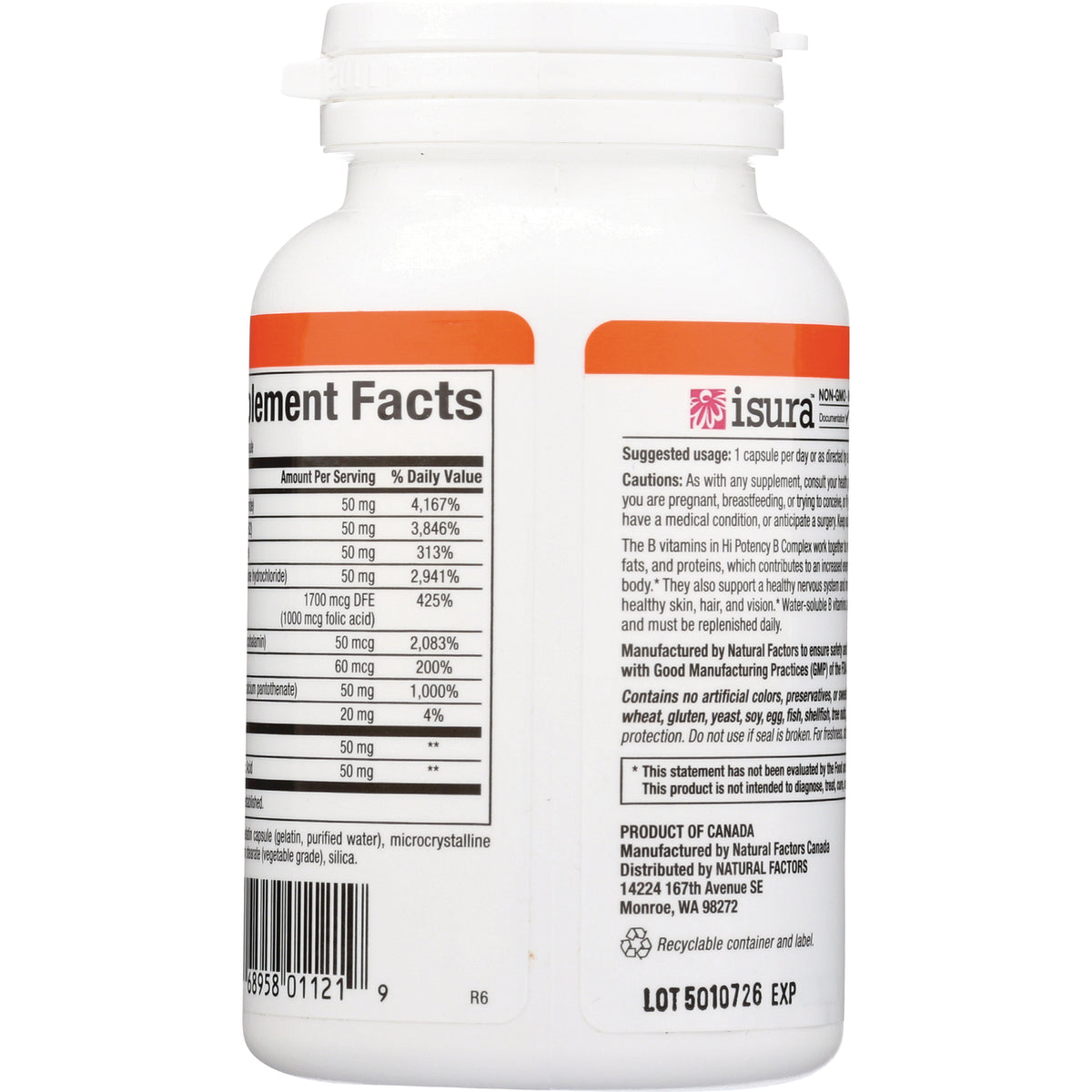 NFC069 | Back of white supplement bottle showing Supplement Facts panel, ingredient text and barcode