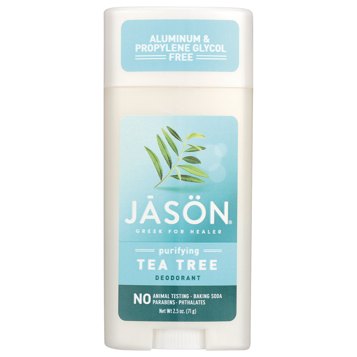 JC058 | JSN purifying tea tree deodorant stick front label showing brand name and aluminum & propylene glycol free
