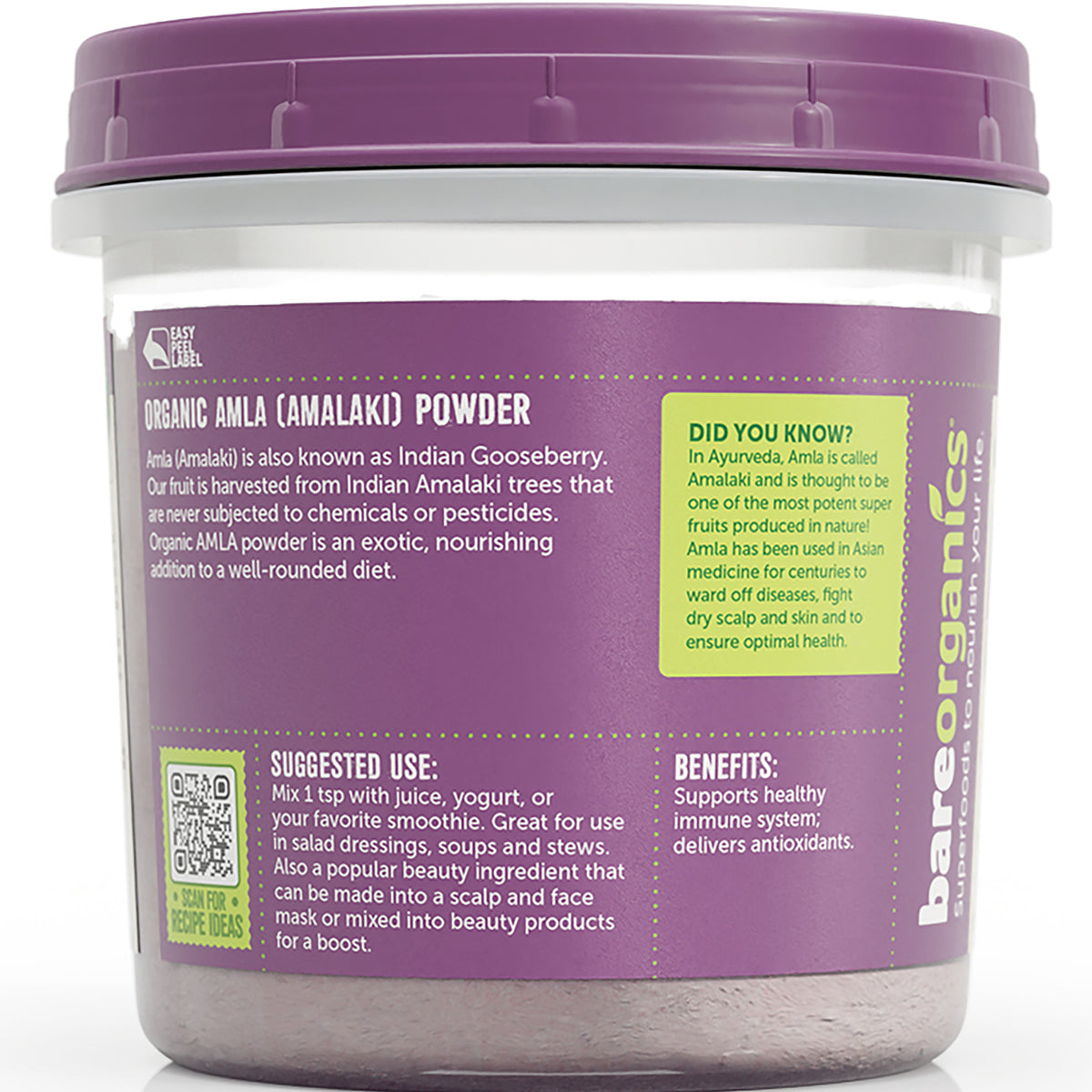 Organic Amla (Amalaki) Powder label showing suggested use, benefits and product information on purple tub