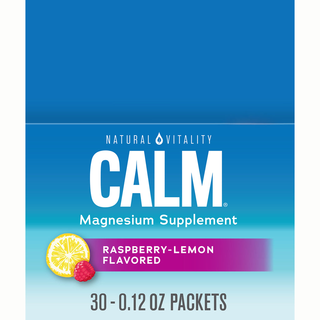 NVT070 | CALM magnesium supplement front packaging labeled Raspberry-Lemon flavored, 30 0.12 oz packets - Thumbnail