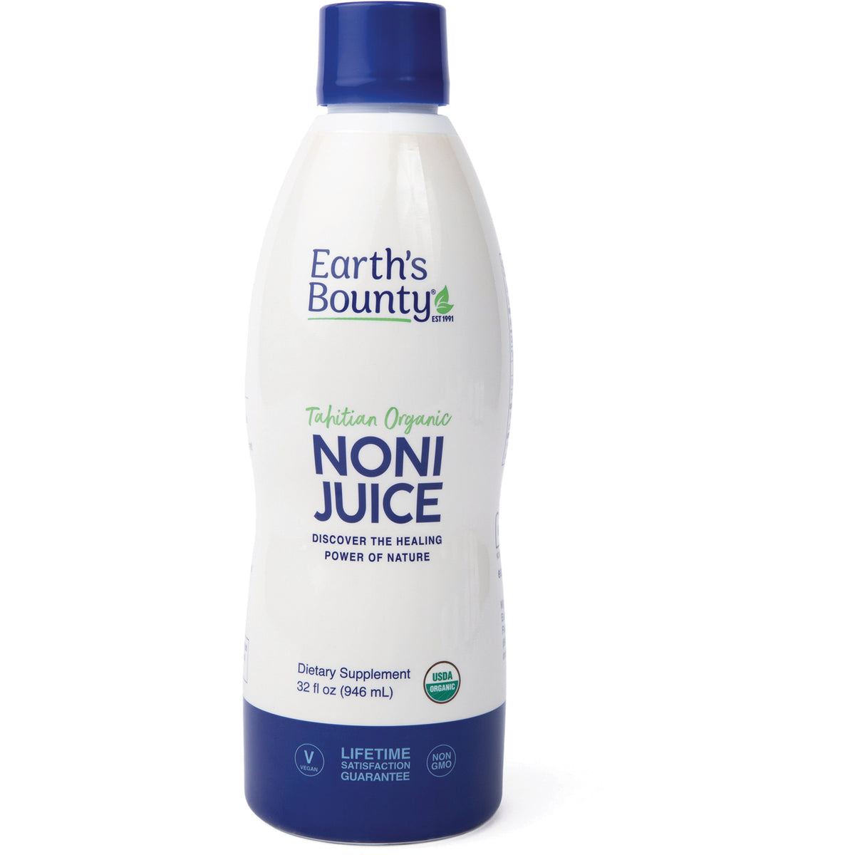 GE015 | Earth's Bounty Tahitian Organic NONI JUICE bottle, 32 fl oz white bottle with blue cap, front label visible