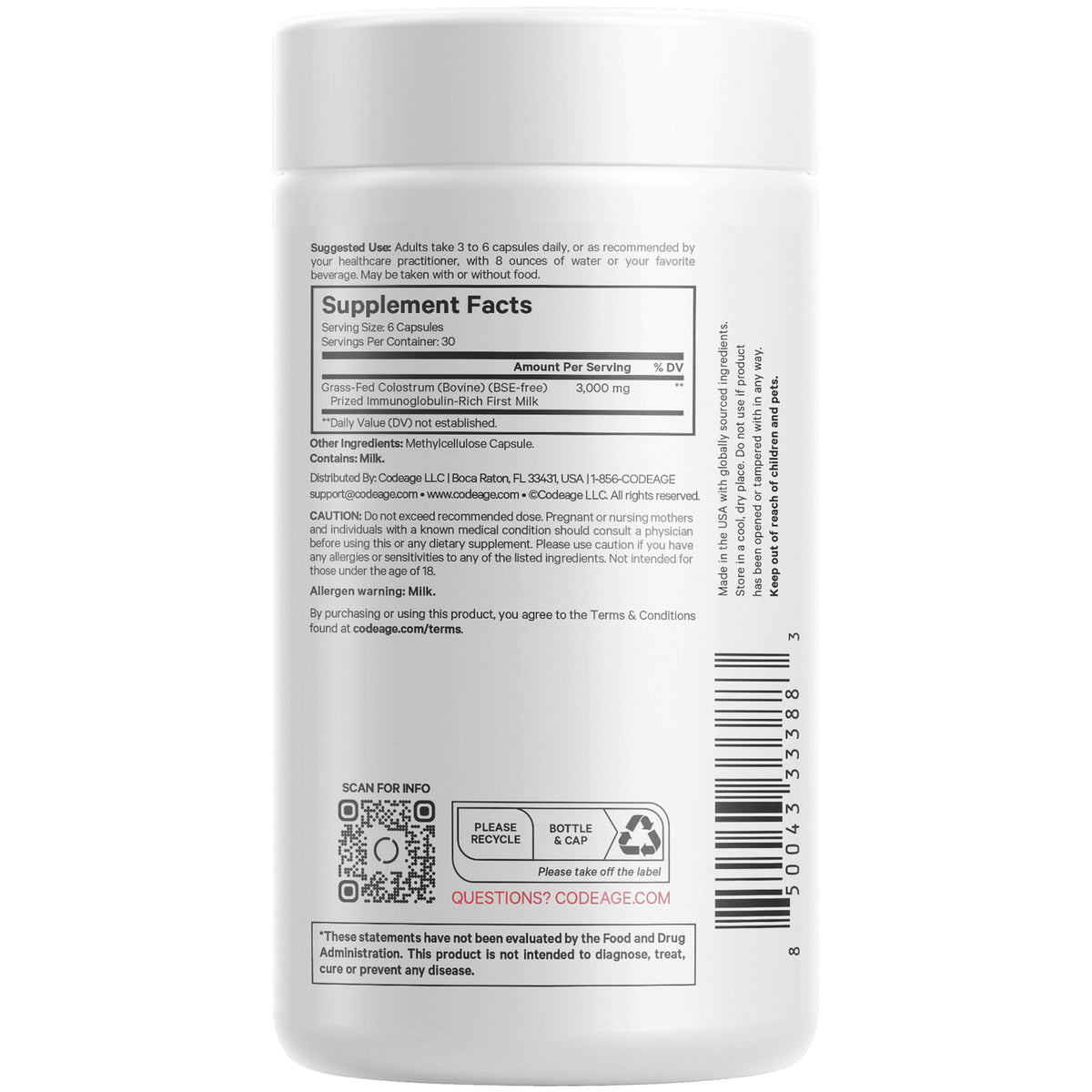 CDG018 | Back label of white supplement bottle showing Supplement Facts panel, barcode, and QR code