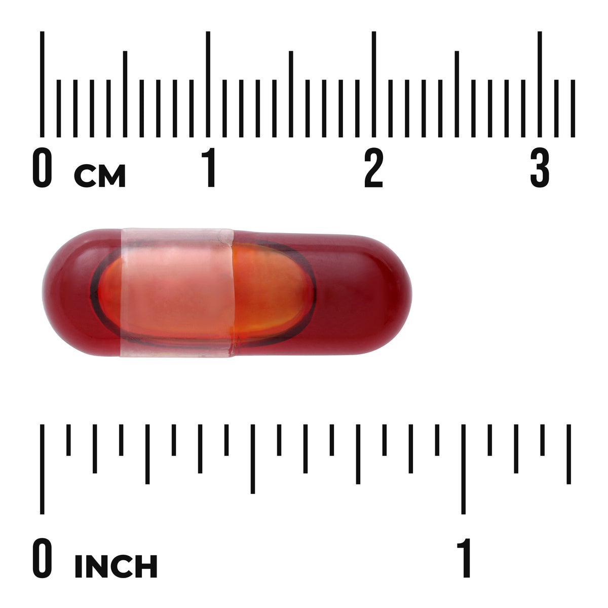 SWU680 | Red transparent softgel capsule centered between centimeter and inch rulers showing size, visible text 0 cm and 0 in