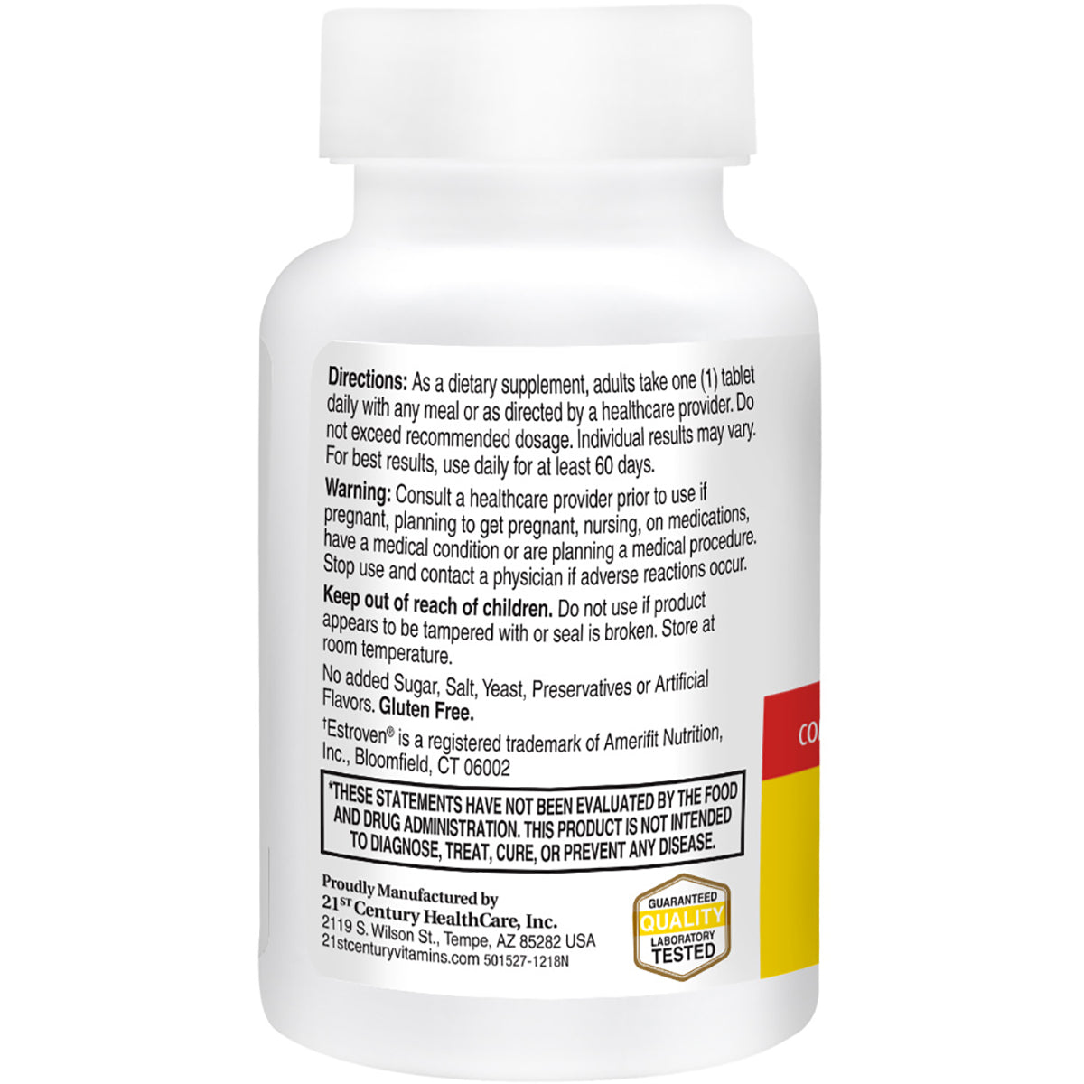 CNT275 | Back label of white supplement bottle showing directions, warnings, and manufacturer information