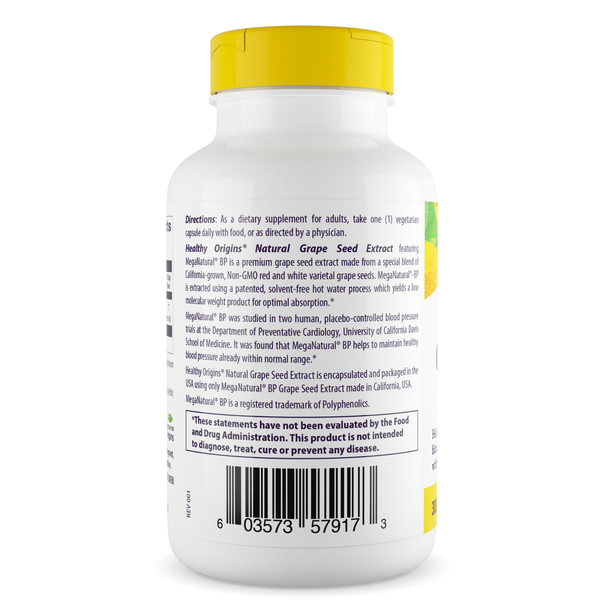 HRG028 | Back label of white supplement bottle showing directions, product information and barcode