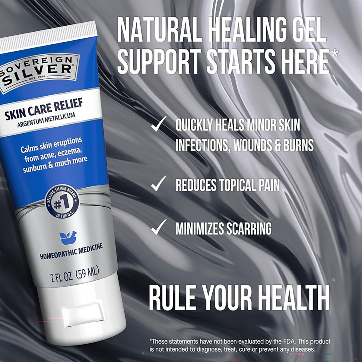 SSL015 | Product infographic for Sovereign Silver Skin Care Relief Natural Healing Gel with benefits and claims