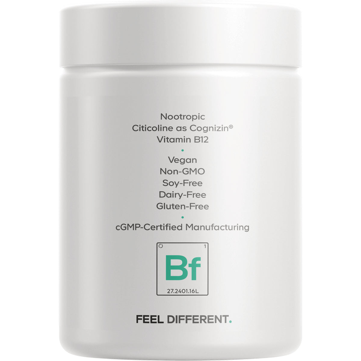 CDG032 | Back label of white supplement jar listing Nootropic, Citicoline as Cognizin, Vitamin B12, Vegan, Non-GMO, Soy-Free, Dairy-Free, Gluten-Free, cGMP-certified manufacturing and FEEL DIFFERENT