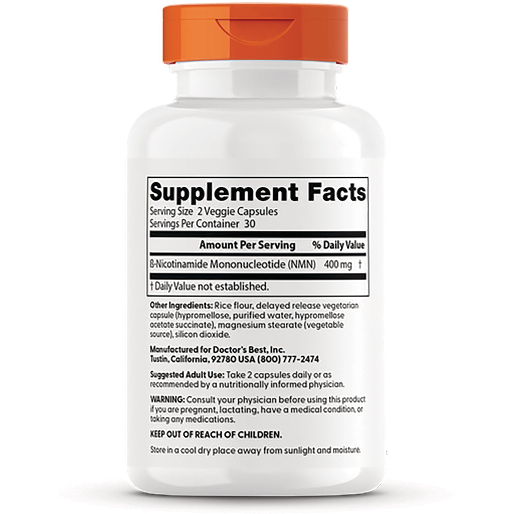 DB287 | back label of white supplement bottle showing Supplement Facts, serving size 2 veggie capsules, NMN 400 mg, ingredients and warnings - Thumbnail