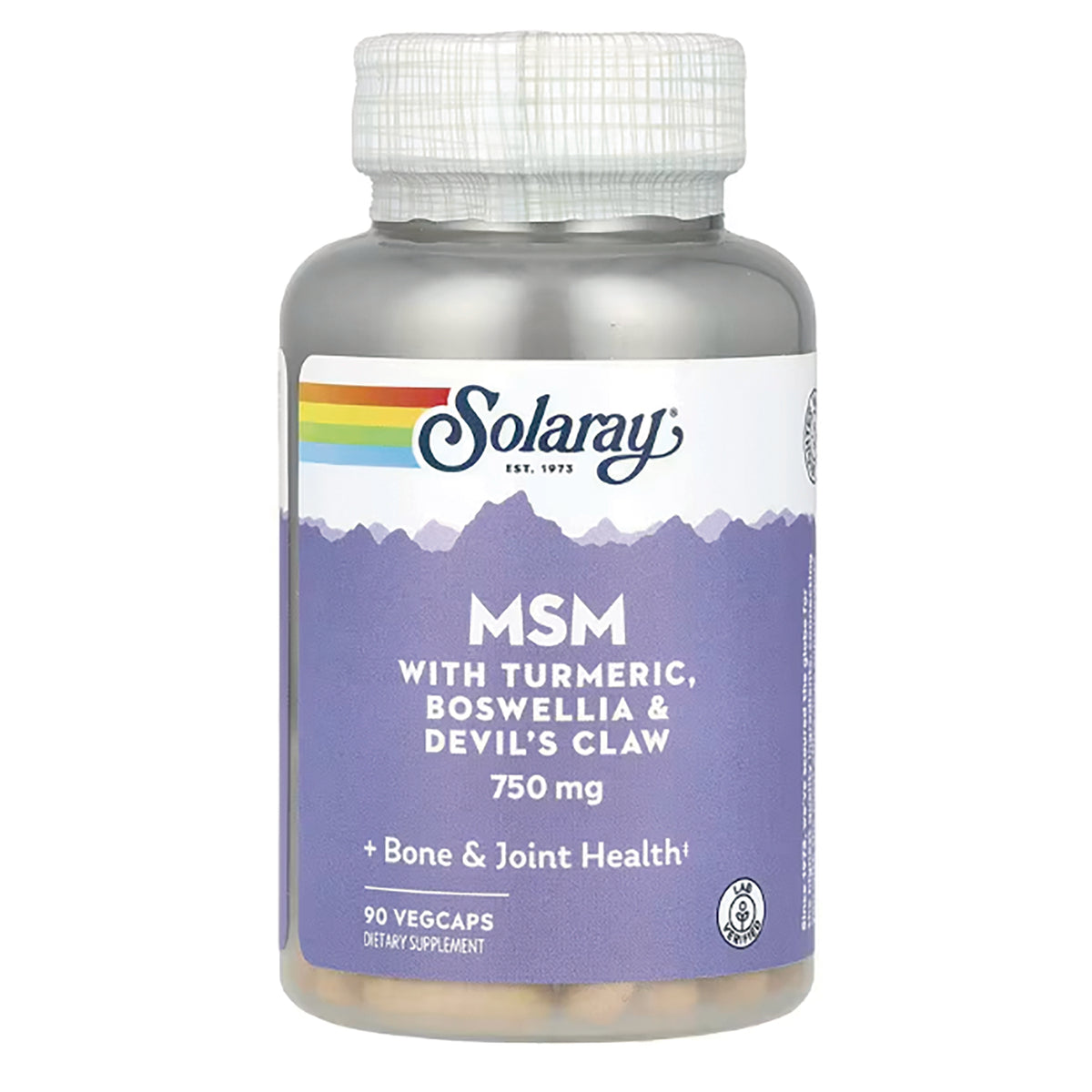 SLR382 | Solaray MSM 750 mg bottle with turmeric, boswellia & devil's claw, 90 vegcaps
